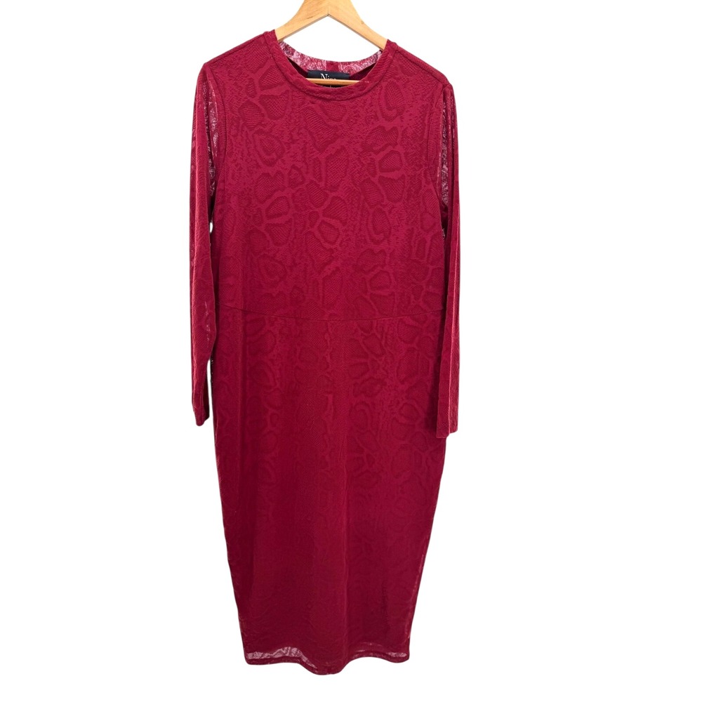 Nina Parker Womens Plus Size 1X Red Embossed Midi Bodycon Dress Long‎ Sleeve